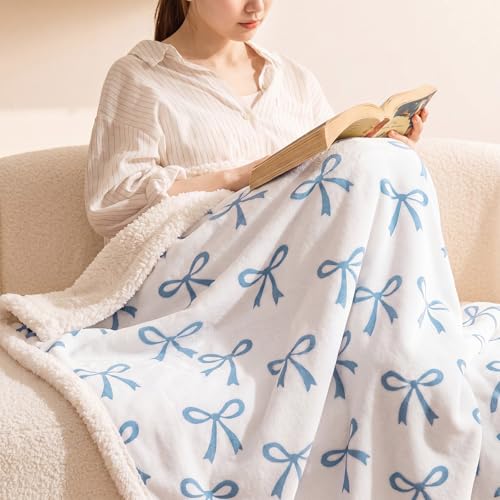 Tegeme Blue Bow Throw Blanket Sherpa Fleece Preppy Coquette Flannel Bow Blanket for Teen Girls Room Back to School Gift White Plush 50" x 60" Aesthetic Soft Bedding for College Dorm Bed Sofa Couch - color: Blue