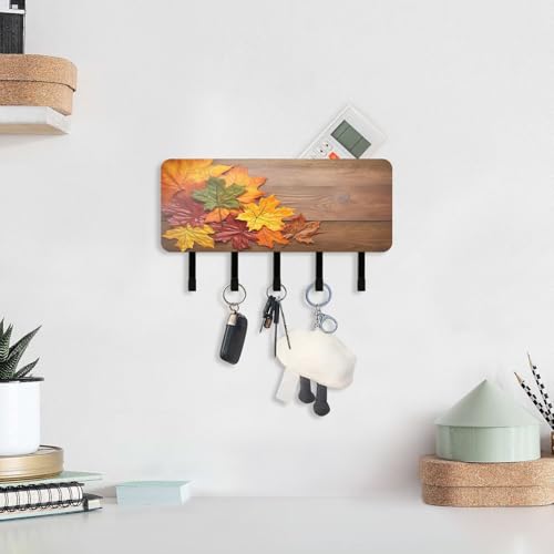 Burbuja Maple Leaves on Wood Key Holder with 5 Key Hooks, Self Adhesive Wall Mounted Key Racks Mail Storage Organizer for Entryway, Home Decor