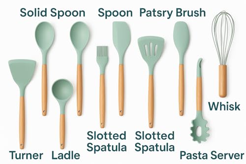 MaxLife Silicone Cooking Utensil Set with Holder, 12-Piece – Sage Green, Wooden Handles – Heat Resistant, Nonstick Safe Spatulas, Spoons, Turner, Tongs & Whisk – Premium Kitchen Tool Set
