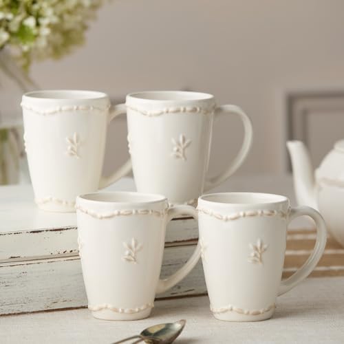 Heritage Beads Stoneware Mug Set of 4 – Classic Ivory Coffee & Tea Cups with Embossed Bead Rim & Sprig Detail – Elegant Everyday Farmhouse Mugs for Hot Beverages