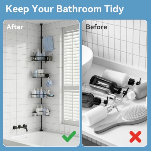 4-Tier Corner Shower Caddy Tension Pole Organizer, Black | Rustproof, Adjustable No-Drill Shelf, 22.24-119.69 in, Bathroom Storage with Soap and Toothbrush Holders, Towel Bar and Hooks