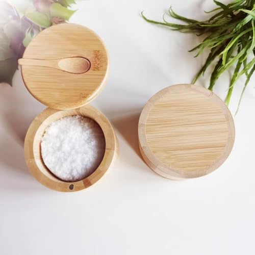 GSHLLO Wooden Salt Storage Box Small Wood Salt Cellar Kitchen Sea Salt Holder Round Spice Box Table Salt Saver Jar Pepper Cellar Bowl Container with Swivel Lid and Spoon for Home