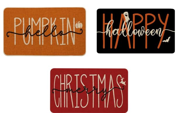 3 Pcs Fall Christmas Holiday Doormat Absorbent Diatomaceous Earth Floor Mats with Non-Slip Backing, Happy Halloween Merry Christmas Hello Pumpkin Seasonal Bathroom Rugs, Farmhouse Holiday Decorative
