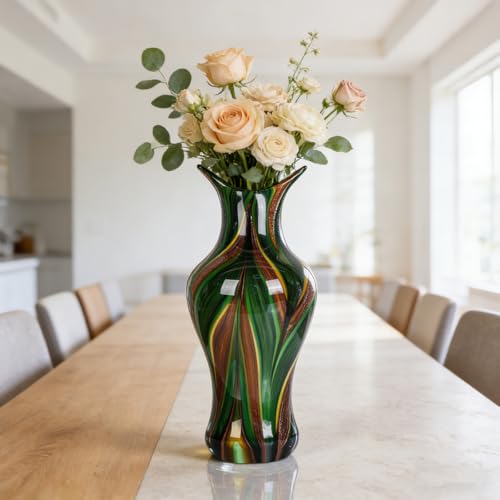 Hand Blown Glass Vase for Flowers, Murano Style Swirl Art Decorative Glass Vases for Home Decor, Wedding Table Centerpiece for Bookshelf & Dining Table