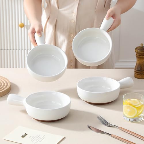 MALACASA 23 Oz French Onion Soup Bowls With Handles, Ceramic Soup Crocks for Cereal, Pasta, Beef Stew, Chilli, Oven Microwave Dishwasher Safe, Set of 4, White, Series TARA - color: White