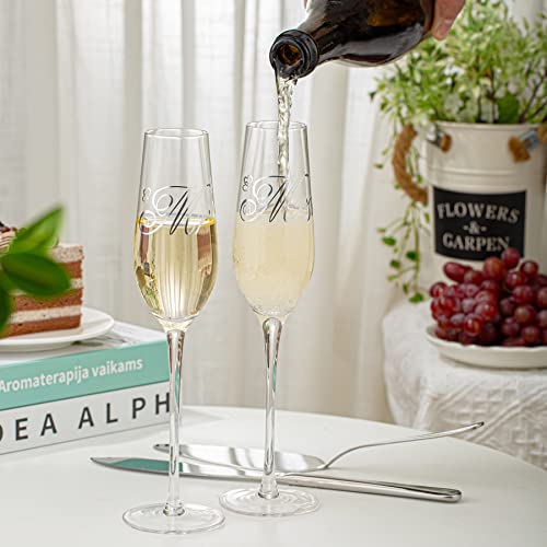 Wedding Cake Cutting Set, Champagne Flutes Wedding Registry Must Haves | Cake Cutting Set for Wedding, Wedding Cake Knife and Server Set & Mr and Mrs Champagne Flutes for Bridal Showr Gifts - color: MR & MRS Silver