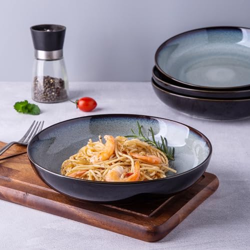 LERATIO 9.0" Ceramic Pasta Bowls Set of 6,38oz Large Stoneware Bowls Set | Reactive Glaze Serving Bowls Set,Wide Bowl for Pasta,Salad,Fruit & Noodles,Housewarming & Wedding Gift-Gray White - color: Gray Blue, size: Set of 6