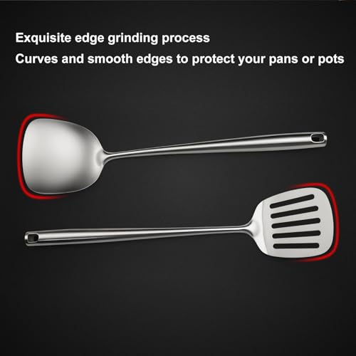 18/10 Stainless Steel Cooking Utensils Set,9 Pcs Professional All Metal Stainless Steel Kitchen Utensils Set with Wok Spatula,Soup Ladle,Skimmer,Slotted Spatula Turner, Large Spoon(Dishwasher Safe)