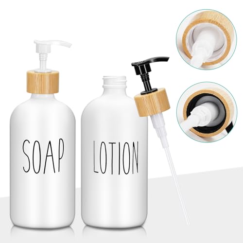 2 Pack 16 Oz Glass Soap Dispenser Set with Tray, Hand Dish Soap Dispenser Set for Bathroom and Kitchen Bottle Dispenser with Dish Soap, Hand Soap, Lotion (White(Soap) White (Lotion)) - color: White(soap)white (Lotion)