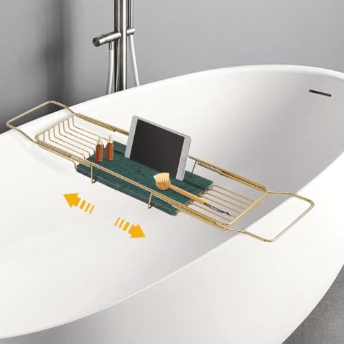 Expandable Stainless Steel Bathtub Caddy Tray with White Marble Board, | Extra Wide Rustproof Shelf, Book Tablet & Wine Glass Stand For Luxury Home Spa(Gold+Green) - color: Gold+green