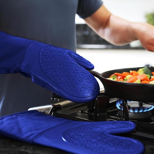 BPA-Free Soft Silicone Oven Mitts - Ultra Heat Resistant Oven Mitts with Thick Cotton Liner - Long Slip Resistant Pot Holders, Flexible Oven Gloves - Royal Blue 13.7" - color: Blue, size: 2-Piece 13.7" Oven Mitts