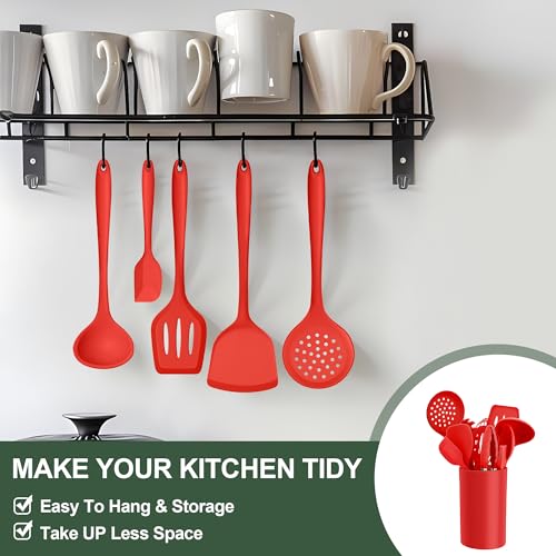 E-far Silicone Cooking Utensils Set, 25 Piece Kitchen Utensils with Holder, Non Toxic Kitchen Tools Spatula, Turner, Spoon, Ladle for Nonstick Cookware, Heat Resistant & Dishwasher Safe - Red - color: Red