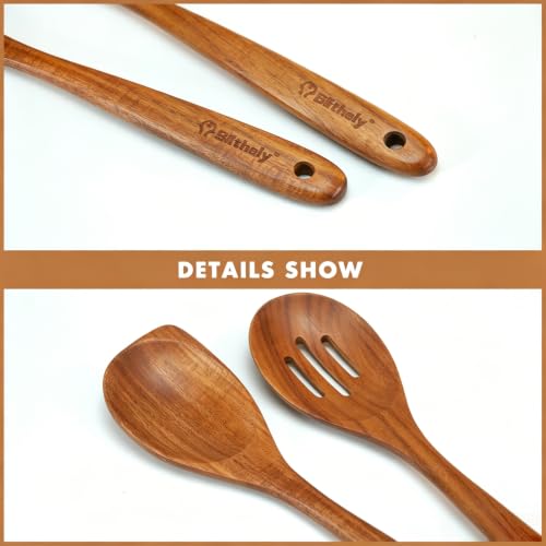 Large Wooden Cooking Spoon Set, 2Pack Natural Teak Wood Spoons for Cooking, Non-Stick Slotted and Corner Serving Spoon with Long Handle, Heat-Resistant Wooden Spatula Spoons for Kitchen Needs