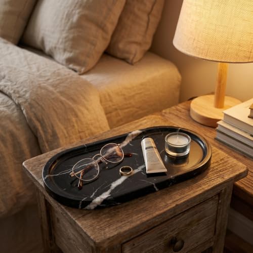 YKAJO Nero Marquina Oval Marble Tray, 11.8x5.9 Vanity Perfume Organizer | Honed natural stone; jewelry & trinket dish, ring & key holder, soap & candle catchall; bath counter, dresser, coffee table - color: Nero Marquina, size: 11.8" x 5.9" x 0.6"