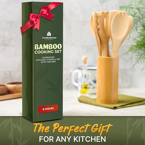 Bamboo Cooking Utensils Set 7 Pcs with Holder, Wooden Spoons for Nonstick | Easy to clean, sturdy, lightweight and heat resistant; eco-friendly and non-toxic; safe on delicate pans - size: 7 Pieces Extended