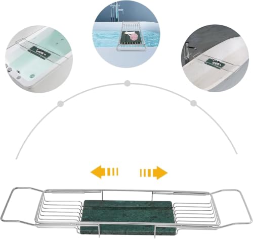 Expandable Stainless Steel Bathtub Caddy Tray with White Marble Board, | Extra Wide Rustproof Shelf, Book Tablet & Wine Glass Stand For Luxury Home Spa(Silver+Green) - color: Silver+green