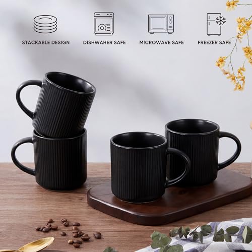 E-far Coffee Mugs Set of 4, 12 oz Stoneware Coffee Cups with Handle for Latte, Tea, Cocoa, Milk, Modern Ribbed Ceramic Mugs for Man Woman, Microwave & Dishwasher Safe, Matte Black - color: Matte Black