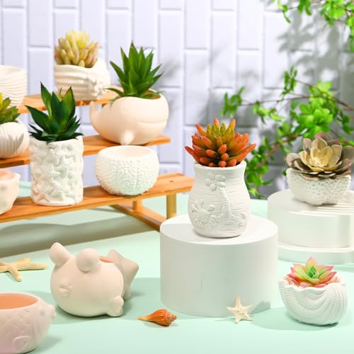 Hushee 12 Sets Ceramic Succulent Planters Paintable Succulent Plant Pots Small DIY Figurines Unpainted Pots with Drainage Hole Color Paints Paintbrushes Palettes - color: Sea Animals