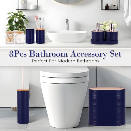 10 PCS Navyblue Bathroom Accessories Set with Trash Can Bathroom Accessory | All-in-One Kit with Trash Can,Toothbrush Holder,Soap Dispenser,Toothbrush Cup,Vanity Tray,Soap Dish,Toilet Brush etc for Home - color: Navy Blue
