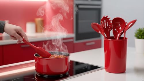 Reston Lloyd 6 Piece Kitchen Utensil Holder for Kitchen Counter, Utensils Crock with Heat Resistant Spoon, Slotted Spoon, Ladle, Spatula BPA Free, Red - color: Red, size: Utensil Holder Set