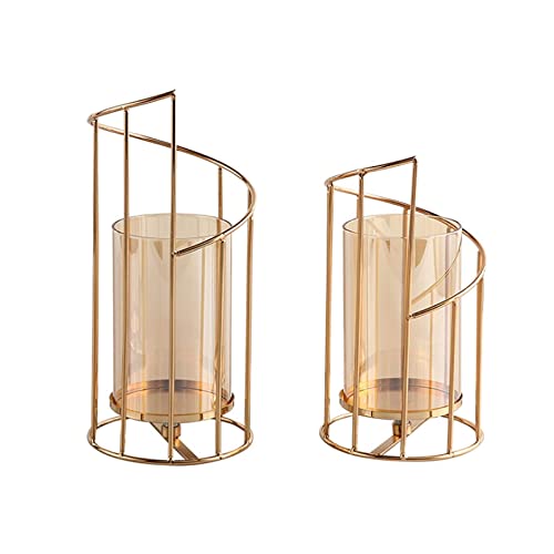 Metal Wire Candle Holder Set of 2, Glass Pillar Candle Holders Gold Decorative Tea Light Candleholders for Home Decor Table Decorations Centerpiece