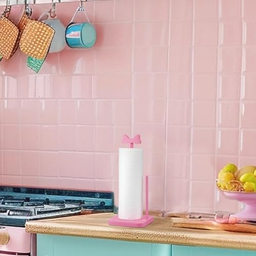 Leinuosen Pink Bow Paper Towel Holder Coquettish Cute Bow Wooden Paper Towel Holder Pink Bathroom Countertop Accessories Kitchen Roll Stand Organizer Standing Apartment Decor Housewarming Gift - style: Bow