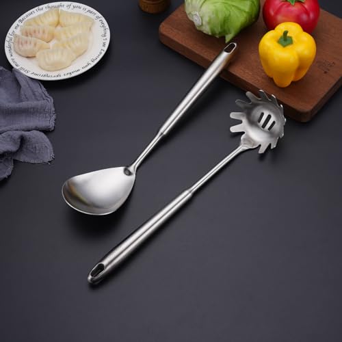 6 PCS All Metal Cooking Utensils Set - 18/10 Stainless Steel Kitchen Tools | Professional Cooking Spoons Set, 15" Spatula, Ladle, Skimmer Spoon, Pasta Serve, Large Spoon, Slotted Spatula Turner - color: 6-Pieces