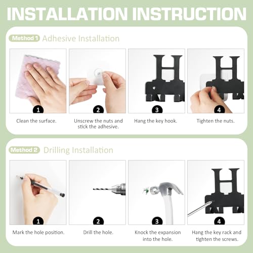 Key Holder Wall Mount, Adhesive Key Hanger with 12 Hooks, Black | Metal Material, 2 Mount Options, Compact Design, Cute Wall Decoration, Suit for Entryway, Doorway, Hallway, RV, Garage - style: 12 Hooks