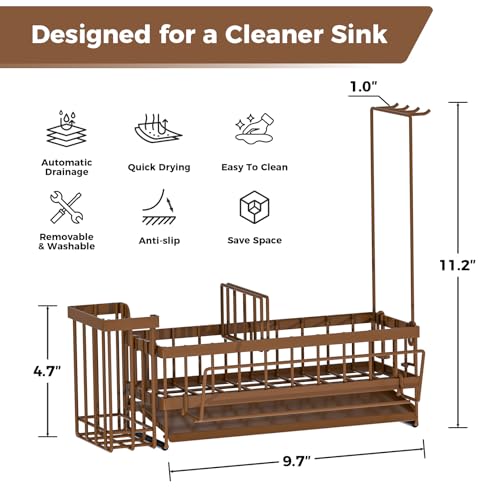 Kitchen Sink Organizer, Stainless Steel Sponge Holder, Brown | Rust-Resistant Steel, Detachable Draining Board, Compartment Divider, Brush Holder & Towel Bar, Ideal for Kitchen Storage - color: Brown