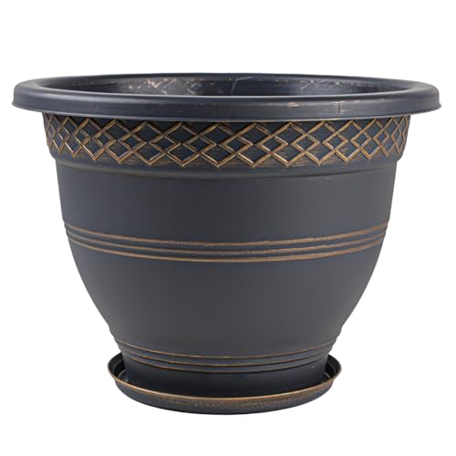 8 Inch Plaid Plant Pots 6 Pack with Drainage and Saucers Gold | Gold plaid PP pots with drainage holes and saucers for herbs succulents starter plants shelves windowsills - color: Gold, size: 8 Inches-6 packs