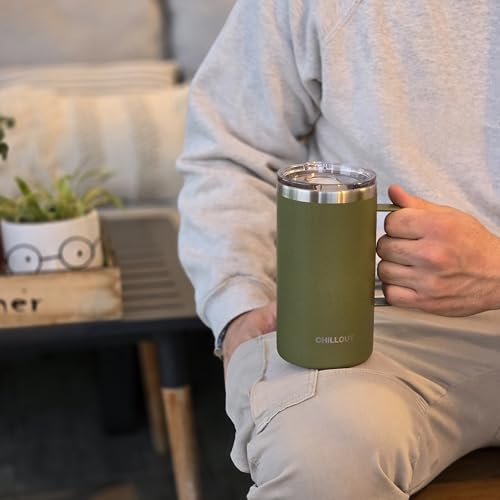 CHILLOUT LIFE Stainless Steel Vacuum Insulated Coffee Mug 20 oz (Set of 2) with Handle and Lid, Large Thermal Camping Coffee Mugs with Sliding Lid for Men & Women, Keeps Your Beverages Hot & Cold - color: Army Green, size: 20 Ounces - 2 Pack