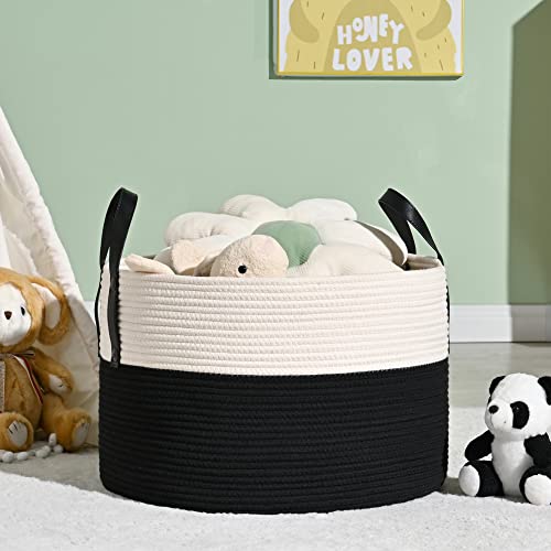 KAKAMAY Large Blanket Basket (20"x13"),Woven Baskets for storage Baby Laundry Hamper, Cotton Rope Blanket Basket for Living Room, Laundry, Nursery, Pillows, Baby Toy chest (White/Black) | Extra Large Capacity | Natural Cotton Rope | Blanket Storage | Wove