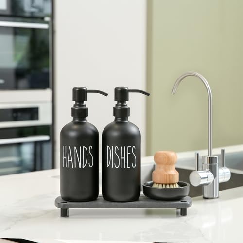 MOMEEMO Matte Black Soap Dispenser Set Comes with Stainless Steel Pumps | Instant Dry Tray and Dish Scrub Brush, Suitable for Matte Black Kitchen Accessories - color: Black1