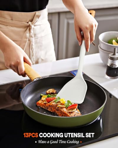 Kitchen Utensils Set, 13PCS Silicone Cooking Utensils, Heat Resistant Kitchen Utensil Spatula Set for Nonstick Cookware, Wooden Handles Kitchen Gadgets Tools Set - color: White