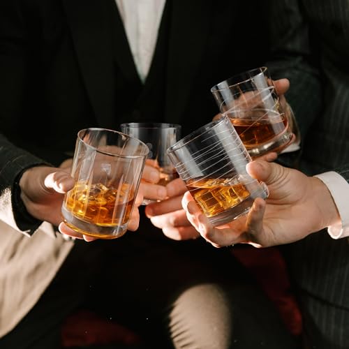 Joeyan Hand Blown Etched Whiskey Glasses,Old Fashioned Tumblers with Stripes Dots Pattern,Clear Carved Rocks Glasses,Scotch Bourbon Glassware for Party Anniversary,13.5 oz,Set of 4,Dishwasher Safe - color: Etched Dots Swirls Strips Patterned Whiskey Glass