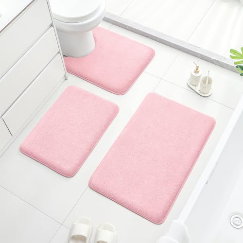 HOMEIDEAS Upgraded Bathroom Rugs Set 3 Piece, Ultra Soft Memory Foam Bath Mats, Super Absorbent Non Slip Washable U-Shaped Toilet Bath Rug (Light Pink, 17"x24"+20"x32"+U-Shaped 20"x24") - color: Light Pink