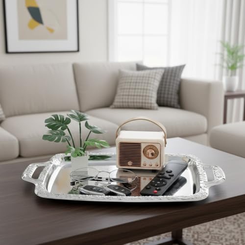 Ipetboom Silver Serving Tray 15.35 X 9.05 X 0.66 in Rectangle Bread Tray with Handles Kitchen for Dining Table Home Serving Plate Food Storage and Tableware Use