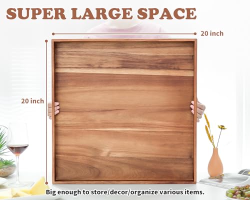 Large Ottoman Tray for Living Room, 20" Extra Large Wooden Tray for Ottoman Square Big Acacia Serving Trays with Handles for Coffee Table, Breakfast, Appetizers, Dinner - color: 20" Square Tray - Acacia