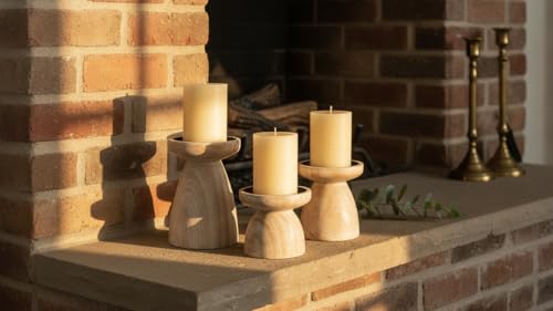 Candle Holders for Pillar Candles (Medium Set of 3) - Mangowood Candle Holder Wood - Farmhouse Wooden Candle Holders - Floor Candle Stand for Fireplace