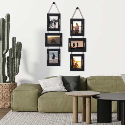5x7 Collage Picture Frames, 3 Opening, Solid Wood, Black, 2 Pack | Wall-Mounted Hanging Design, Displays 4x6 Photos with Mat or 5x7 Photos Without Mat, Three-Opening Layout - color: Black