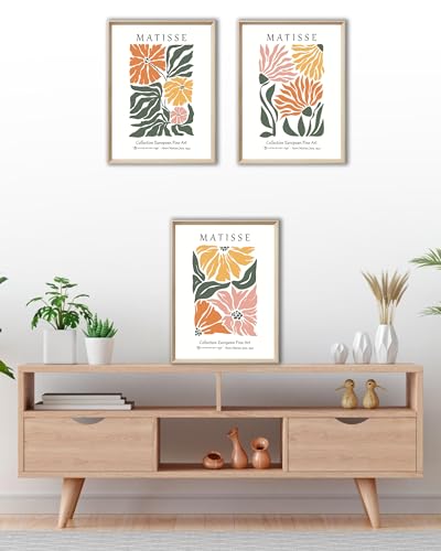 UPWOIGH Matisse Inspired Floral Wall Art, 12 x 16 Inch, Set of 3 | Orange, Yellow and Pink Flower Prints, Modern Botanical Design, Light Wood Frames for Bedroom, Office and Gallery Wall - color: Yellow Matisse
