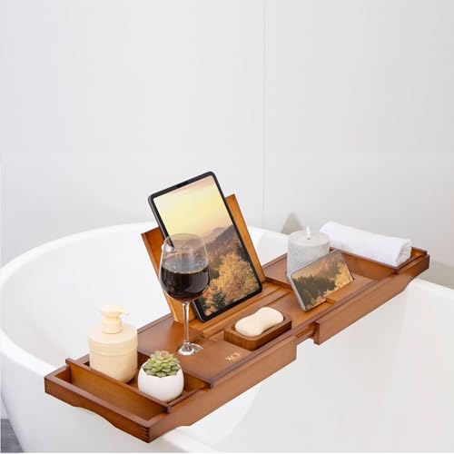 Bamboo Bathtub Caddy Tray with Book Stand & Soap Holder, Brown | Expandable to 41 Inches & Anti-Slip Pads for Luxury Bath Spa - color: Brown