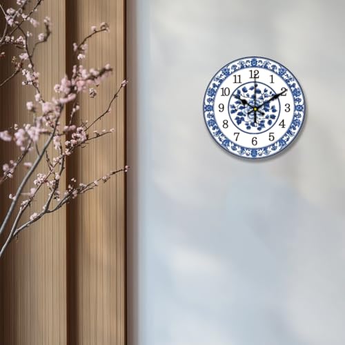 CHGCRAFT 12inch Blue and White Porcelain Pattern Wall Clock Battery Operated Silent Non Ticking Flowers Round Decorative Clock for Office Home Kitchen Decor