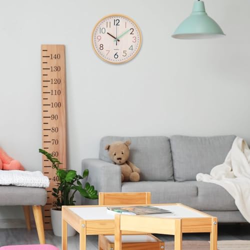Qunclay Boho Classroom Wall Clock Colorful Fun 8 Inch Silent Non-Ticking Battery Operated Clock for Back to School Office Bedroom Living Room Playroom Nursery Kitchen Brown Bamboo Grain