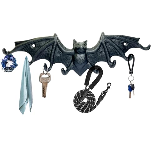 Bat Key Hooks Gothic Bat Key Holder Casting Iron Wall Mount Key Rack | Rustic Decorative Hooks for Hanging Keys Bag Purse Towel Umbrella Dog Leash Hooks, 9.65 x 2.56in Bat Key Rack with 8 Hooks