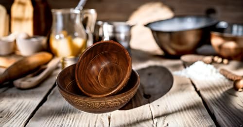 ETROVES Wooden Fruit Bowl Wood For Kitchen Counter Bowl Set for Food/Fruit/Salad - Carved Wood Bowls for Decor - Medium and Small Set of 2, Brown