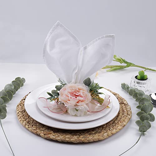 Flower Rose Napkin Rings Set of 4, Handmade Napkin Ring Holders Handcrafts Plant with Leaves Napkin Rings for Thanksgiving Day, Weddings, Family Dinners,Parties or Napkins (Pink Rose) - style: Pink rose