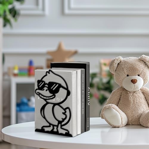 5.3"x4.3"x7.9" Metal Bookends, Heavy Duty Book Ends for Shelves | Cute Duck with Sunglasses Theme Cast Iron Book Supports, 1 Pair Decor Stoppers for Desk, Library, Office & Home Shelves - style: Cute Duck with Sunglasses