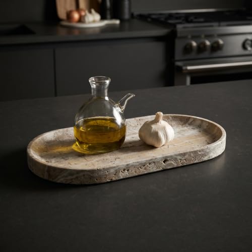 YKAJO Onyx Travertine Oval Marble Tray, 11.8x5.9 Vanity Perfume Organizer | Honed natural stone; jewelry & trinket dish, ring & key holder, soap & candle catchall; bath counter, dresser, coffee table - color: Onyx Travertine, size: 11.8" x 5.9" x 0.6"