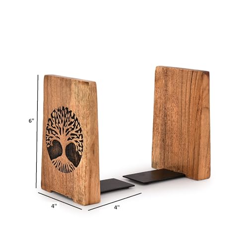 Office Bookends Iron & Acacia Wood Tree of Life Office Bookends for Shelves or Bookcase Heavy Bookends, Home Décor Gift (4"" X 4"" X 6""), (Set of 2), Brown